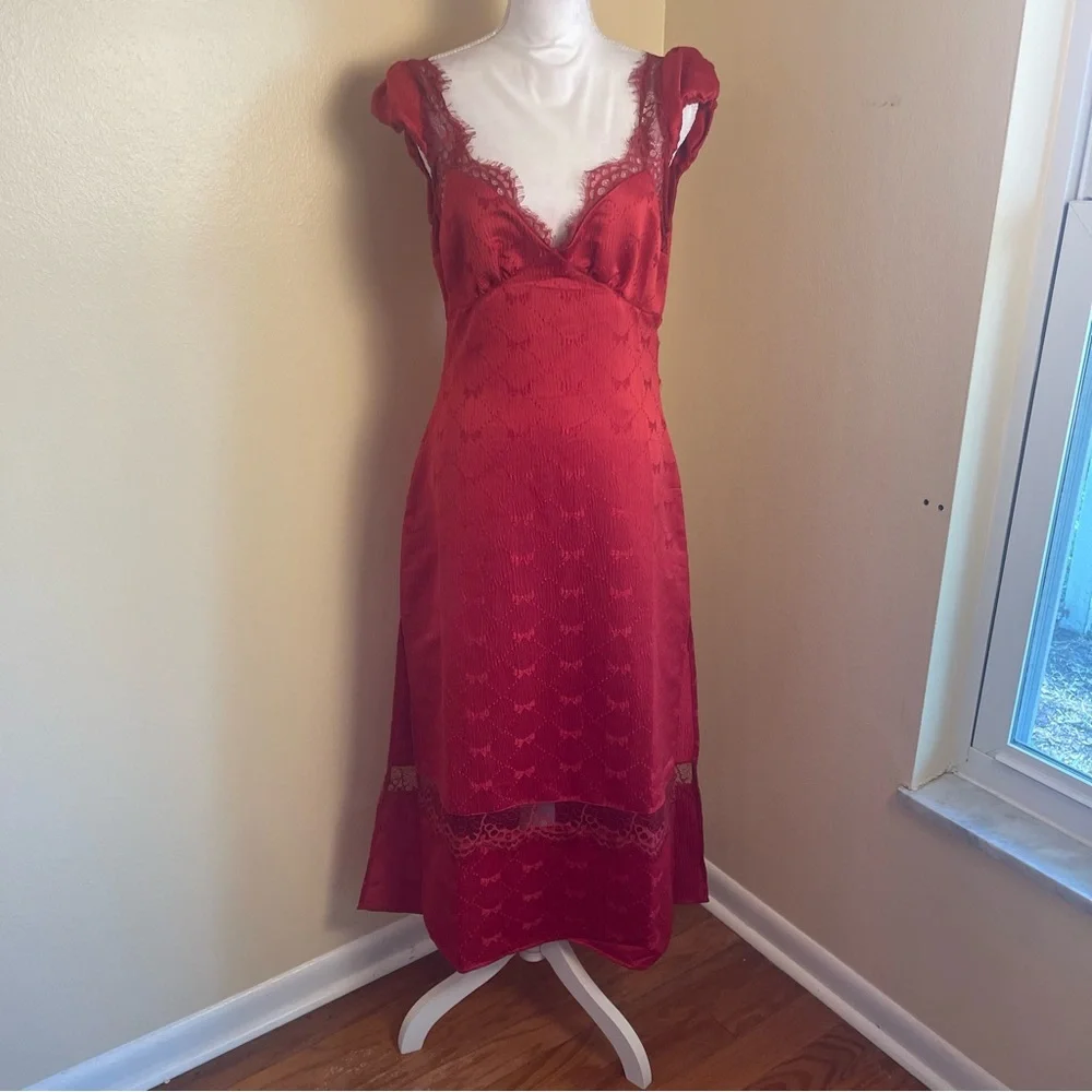 Free People Foolish Heart Midi Dress Red Dahlia Lace Satin NWT Romantic Boho S - Picture 2 of 11
